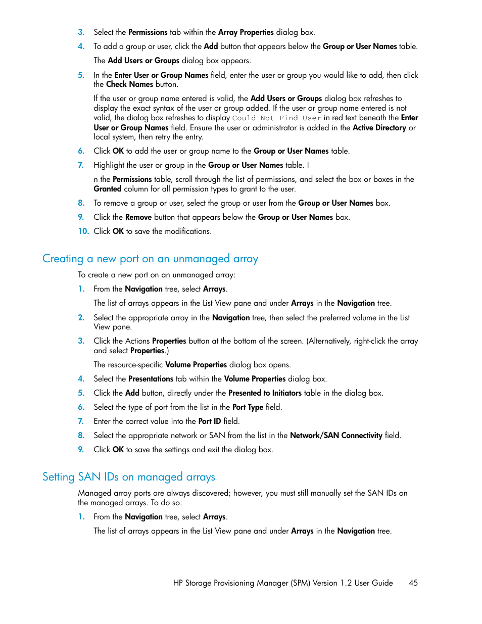 Creating a new port on an unmanaged array, Setting san ids on managed arrays, 45 setting san ids on managed arrays | HP Matrix Operating Environment Software User Manual | Page 45 / 80