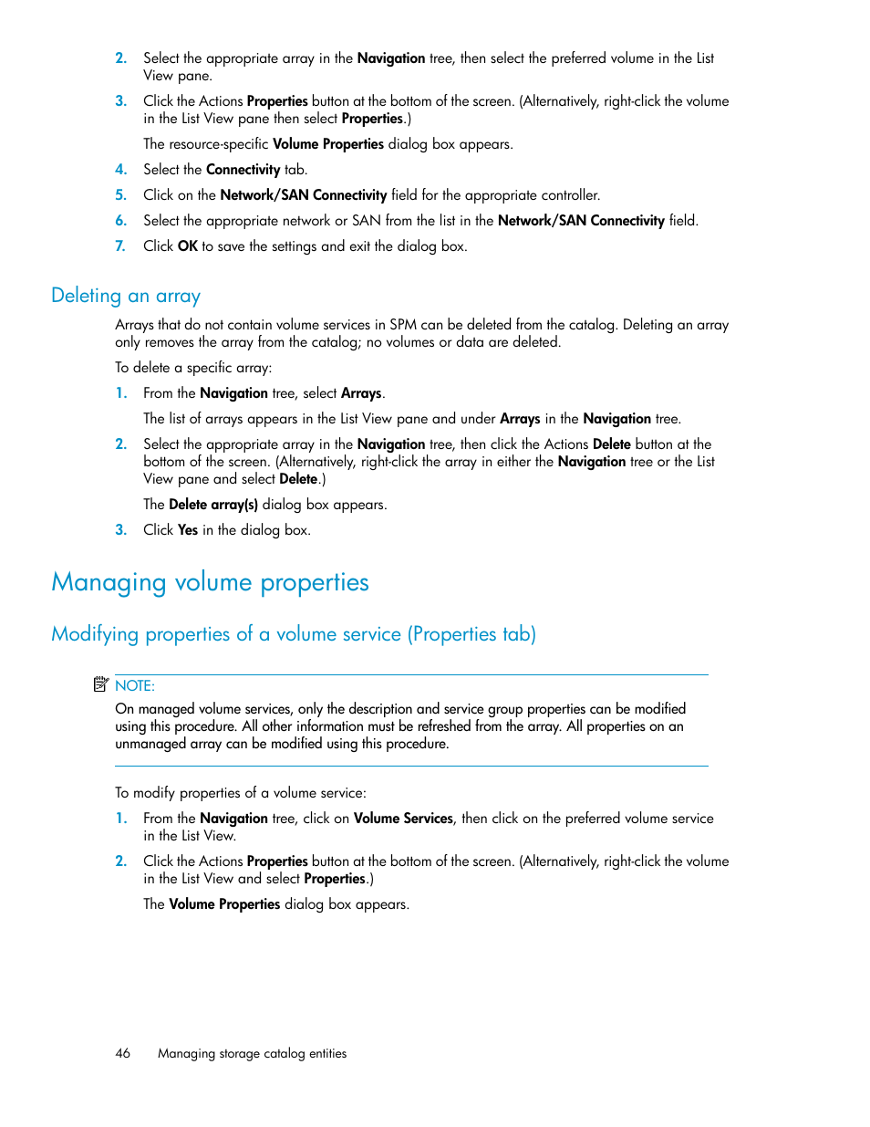 Deleting an array, Managing volume properties | HP Matrix Operating Environment Software User Manual | Page 46 / 80