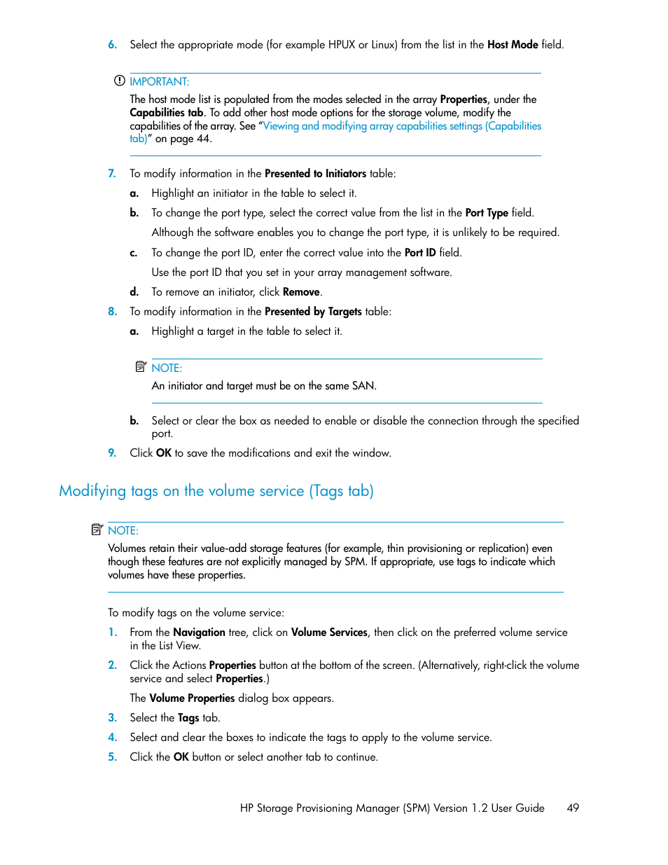 Modifying tags on the volume service (tags tab), Modifying tags on the volume, Service | HP Matrix Operating Environment Software User Manual | Page 49 / 80