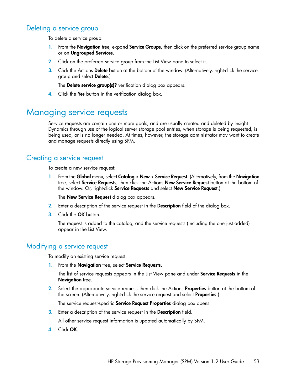 Deleting a service group, Managing service requests, Creating a service request | Modifying a service request, 53 modifying a service request | HP Matrix Operating Environment Software User Manual | Page 53 / 80