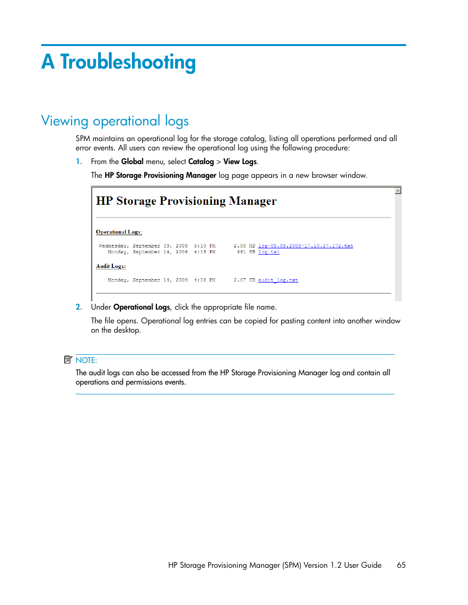 A troubleshooting, Viewing operational logs | HP Matrix Operating Environment Software User Manual | Page 65 / 80
