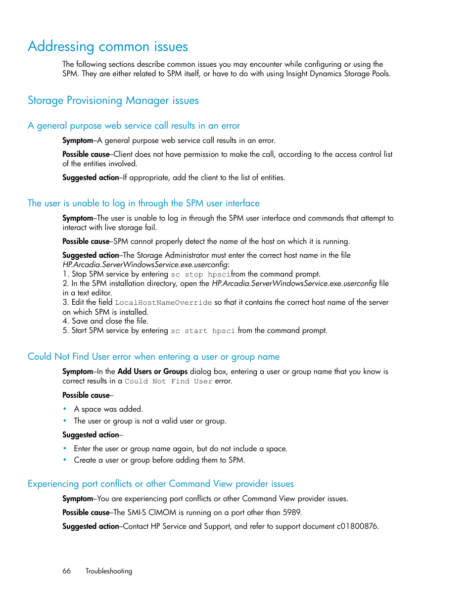 Addressing common issues, Storage provisioning manager issues | HP Matrix Operating Environment Software User Manual | Page 66 / 80