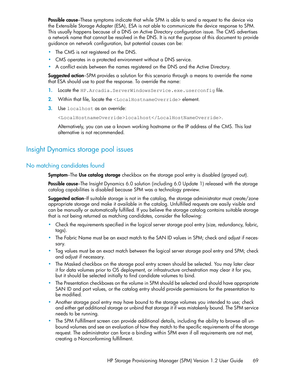 Insight dynamics storage pool issues, No matching candidates found | HP Matrix Operating Environment Software User Manual | Page 69 / 80