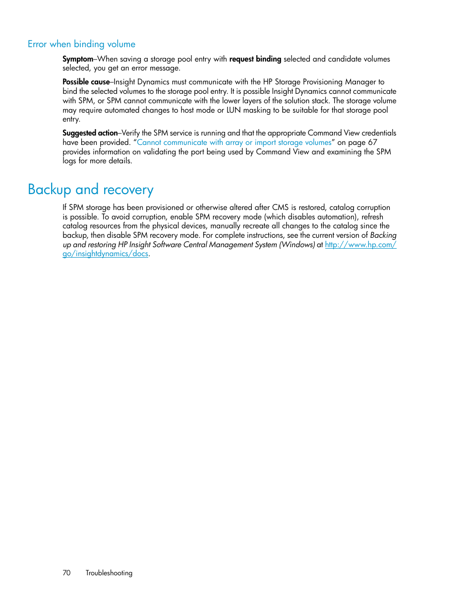 Error when binding volume, Backup and recovery | HP Matrix Operating Environment Software User Manual | Page 70 / 80