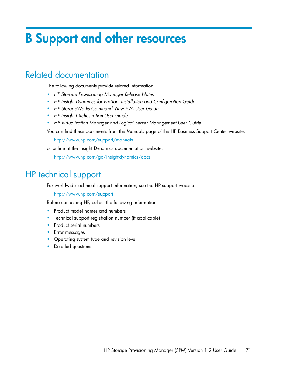 B support and other resources, Related documentation, Hp technical support | 71 hp technical support | HP Matrix Operating Environment Software User Manual | Page 71 / 80