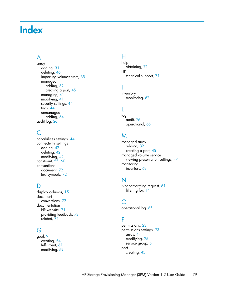 Index | HP Matrix Operating Environment Software User Manual | Page 79 / 80