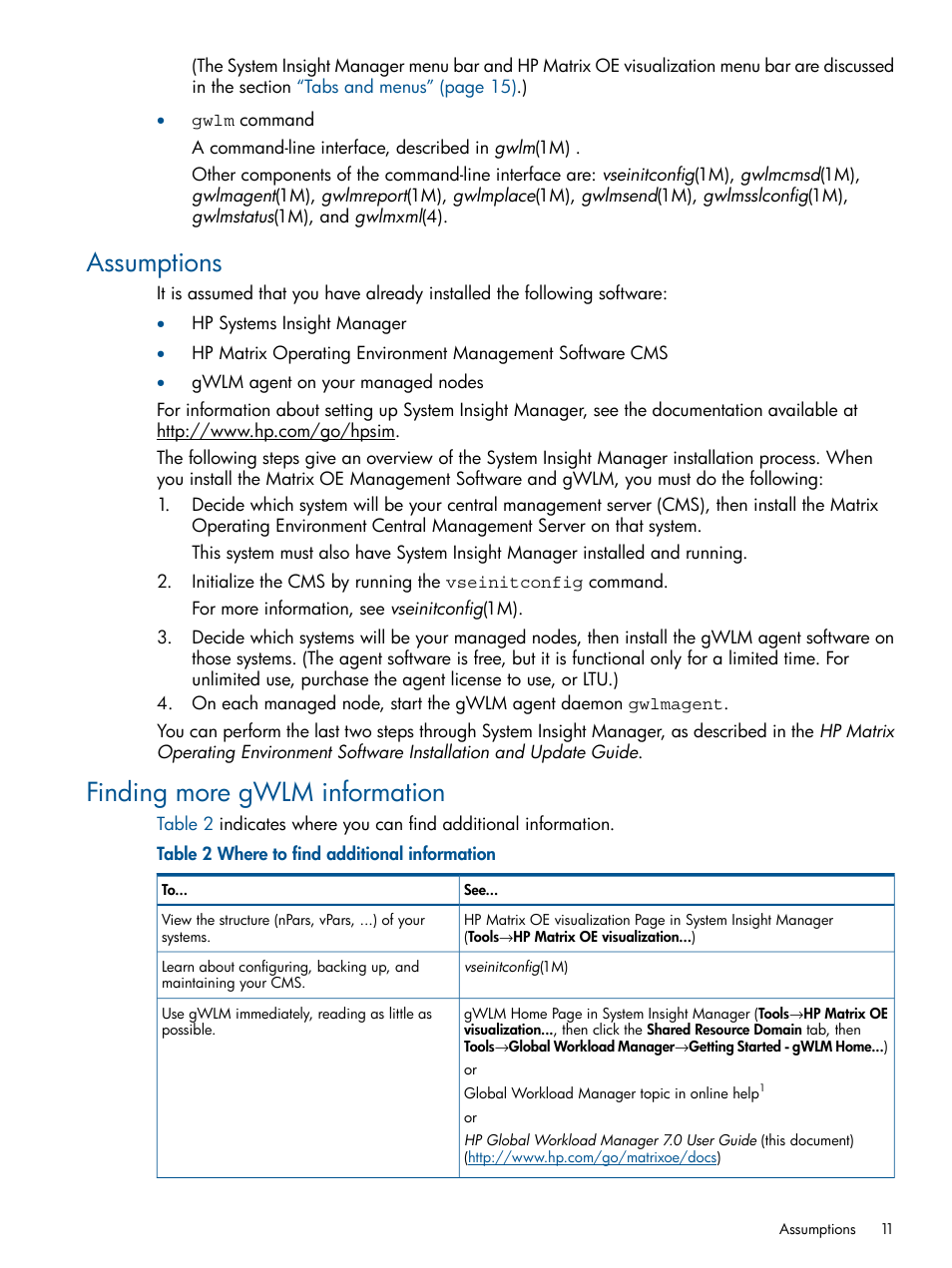 Assumptions, Finding more gwlm information, Assumptions finding more gwlm information | HP Matrix Operating Environment Software User Manual | Page 11 / 61