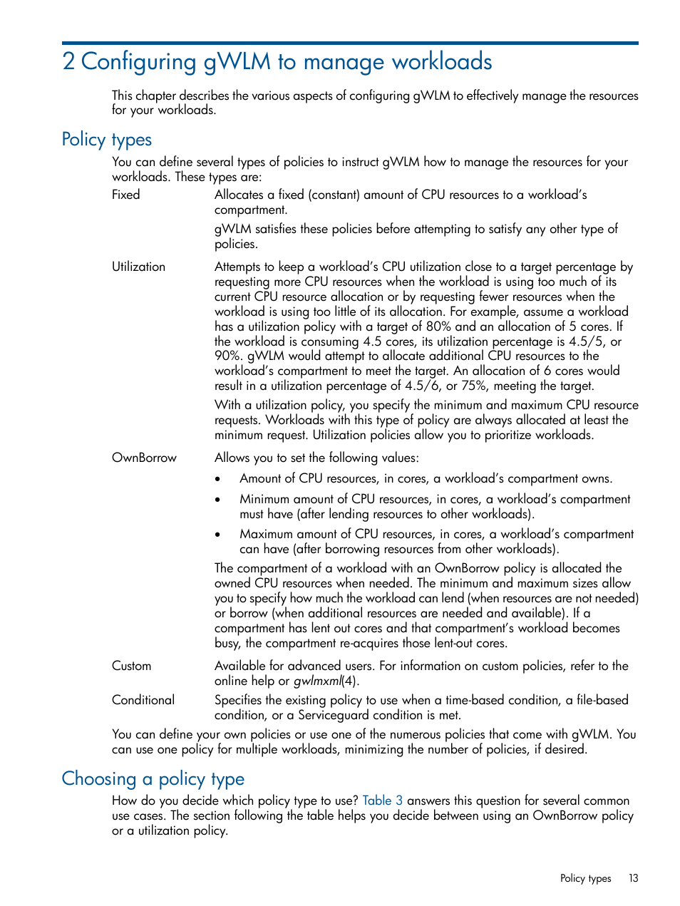 2 configuring gwlm to manage workloads, Policy types, Choosing a policy type | Policy types choosing a policy type | HP Matrix Operating Environment Software User Manual | Page 13 / 61