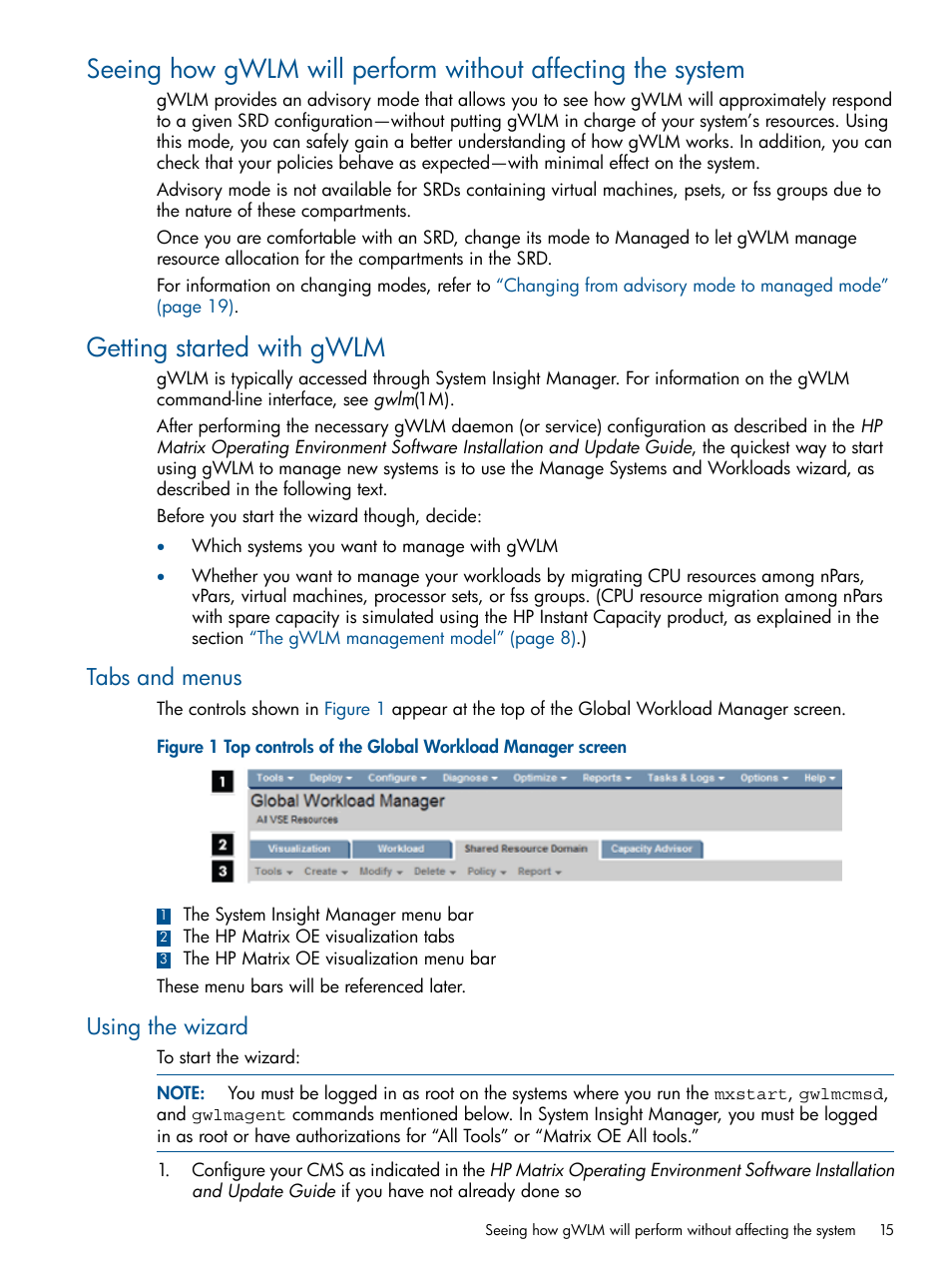 Getting started with gwlm, Tabs and menus, Using the wizard | Tabs and menus using the wizard | HP Matrix Operating Environment Software User Manual | Page 15 / 61