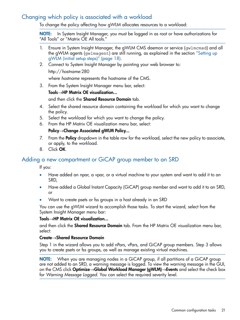 Adding a new compartment or gicap, Changing | HP Matrix Operating Environment Software User Manual | Page 21 / 61