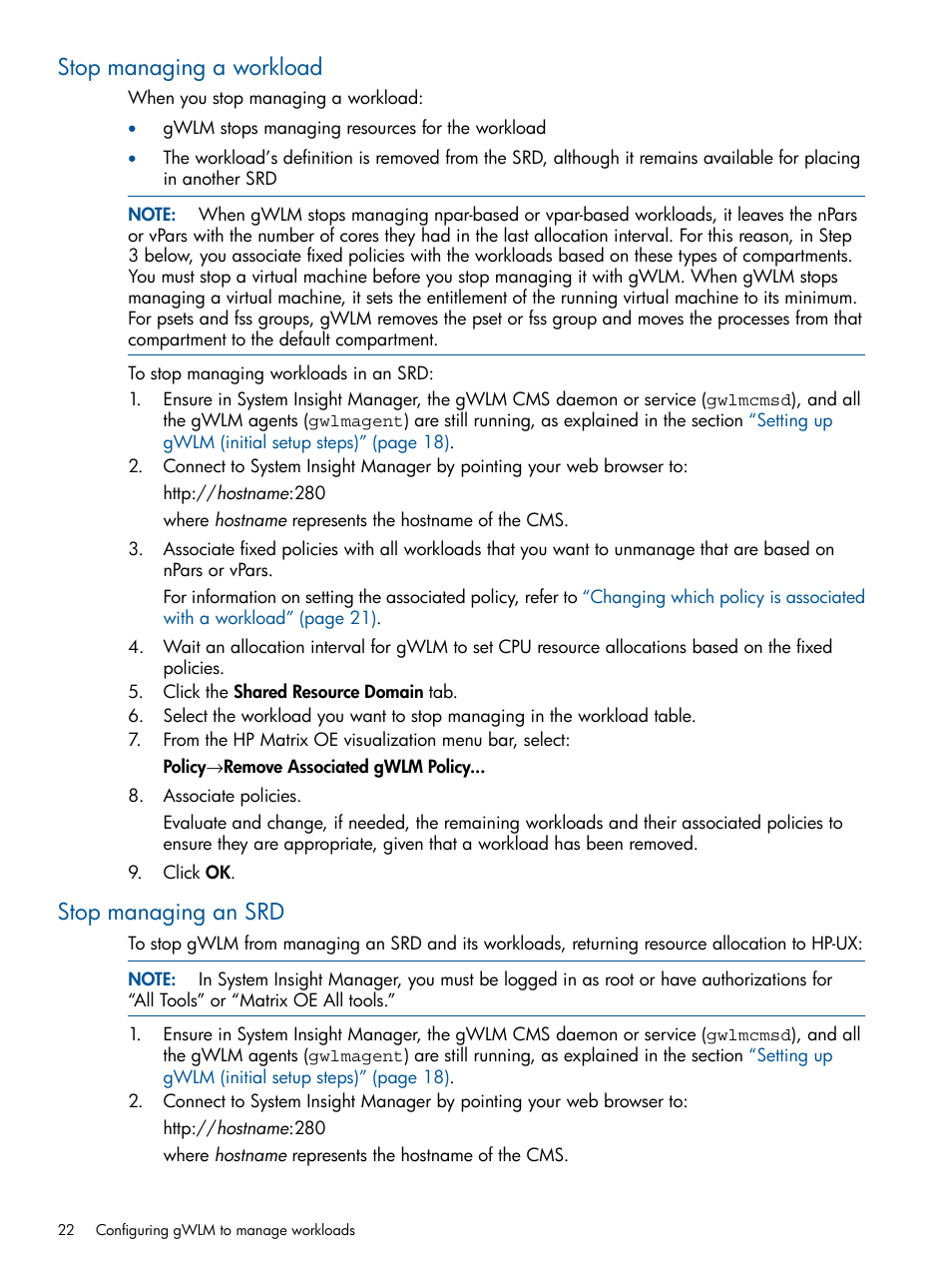 Stop managing a workload, Stop managing an srd, Stop managing a workload stop managing an srd | HP Matrix Operating Environment Software User Manual | Page 22 / 61