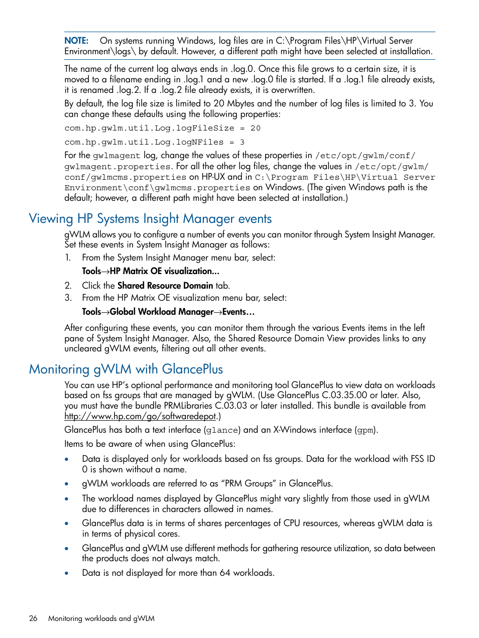 Viewing hp systems insight manager events, Monitoring gwlm with glanceplus | HP Matrix Operating Environment Software User Manual | Page 26 / 61