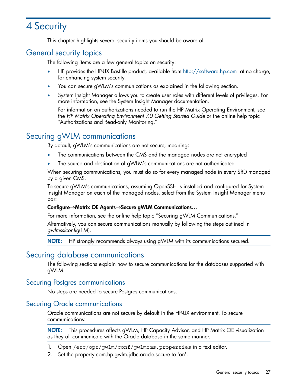 4 security, General security topics, Securing gwlm communications | Securing database communications, Securing postgres communications, Securing oracle communications | HP Matrix Operating Environment Software User Manual | Page 27 / 61