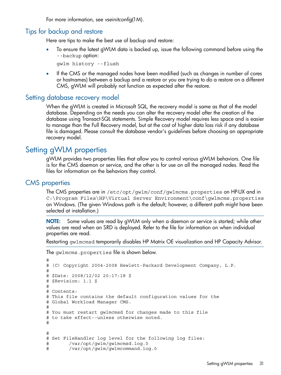 Tips for backup and restore, Setting database recovery model, Setting gwlm properties | Cms properties | HP Matrix Operating Environment Software User Manual | Page 31 / 61