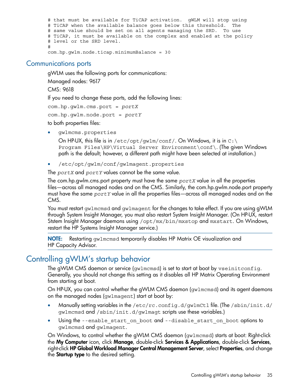 Communications ports, Controlling gwlm’s startup behavior | HP Matrix Operating Environment Software User Manual | Page 35 / 61