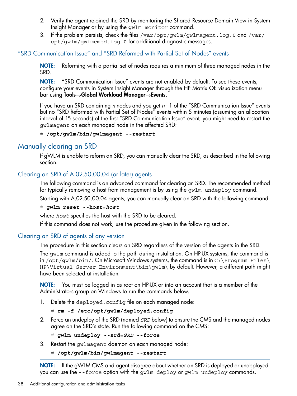 Manually clearing an srd, Clearing an srd of a.02.50.00.04 (or later) agents, Clearing an srd of agents of any version | HP Matrix Operating Environment Software User Manual | Page 38 / 61