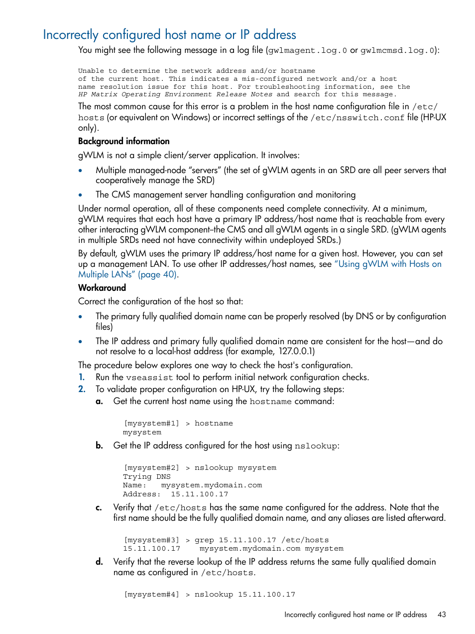 Incorrectly configured host name or ip address | HP Matrix Operating Environment Software User Manual | Page 43 / 61