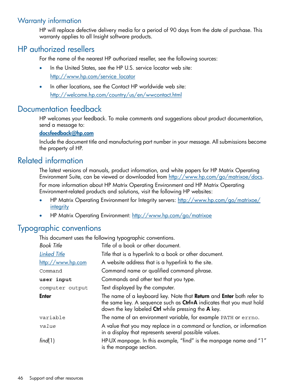 Warranty information, Hp authorized resellers, Documentation feedback | Related information, Typographic conventions | HP Matrix Operating Environment Software User Manual | Page 46 / 61