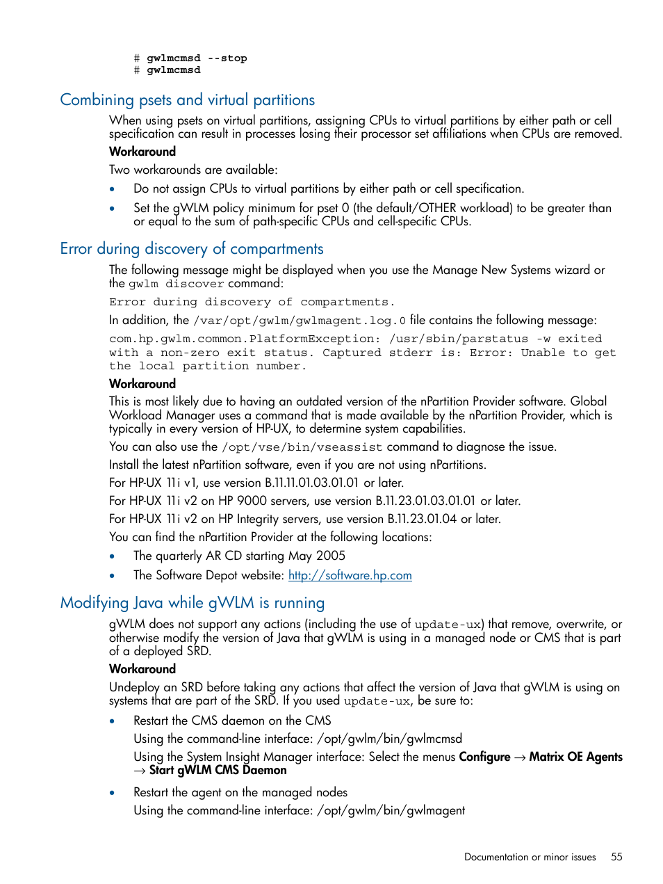 Combining psets and virtual partitions, Error during discovery of compartments, Modifying java while gwlm is running | HP Matrix Operating Environment Software User Manual | Page 55 / 61