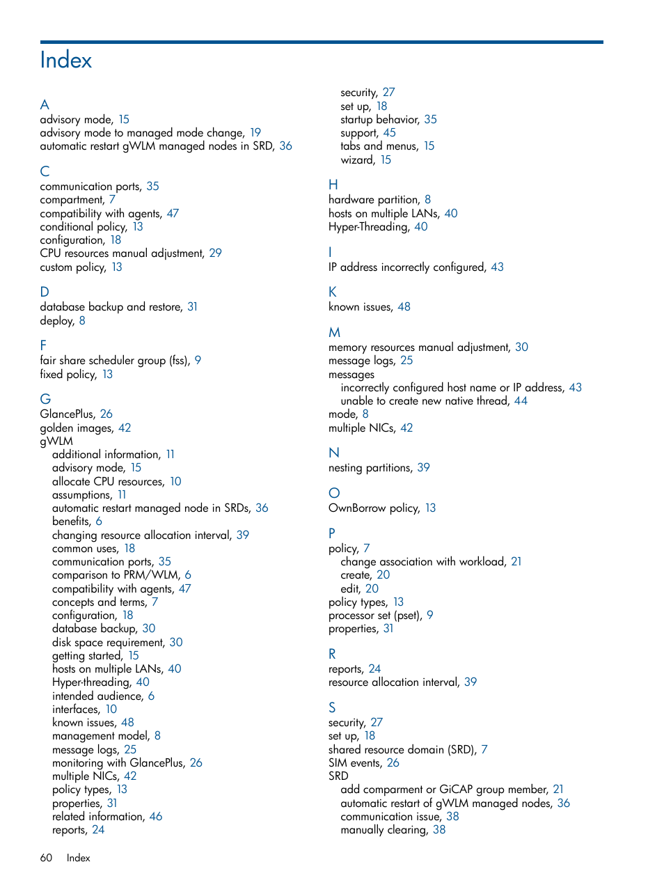 Index | HP Matrix Operating Environment Software User Manual | Page 60 / 61