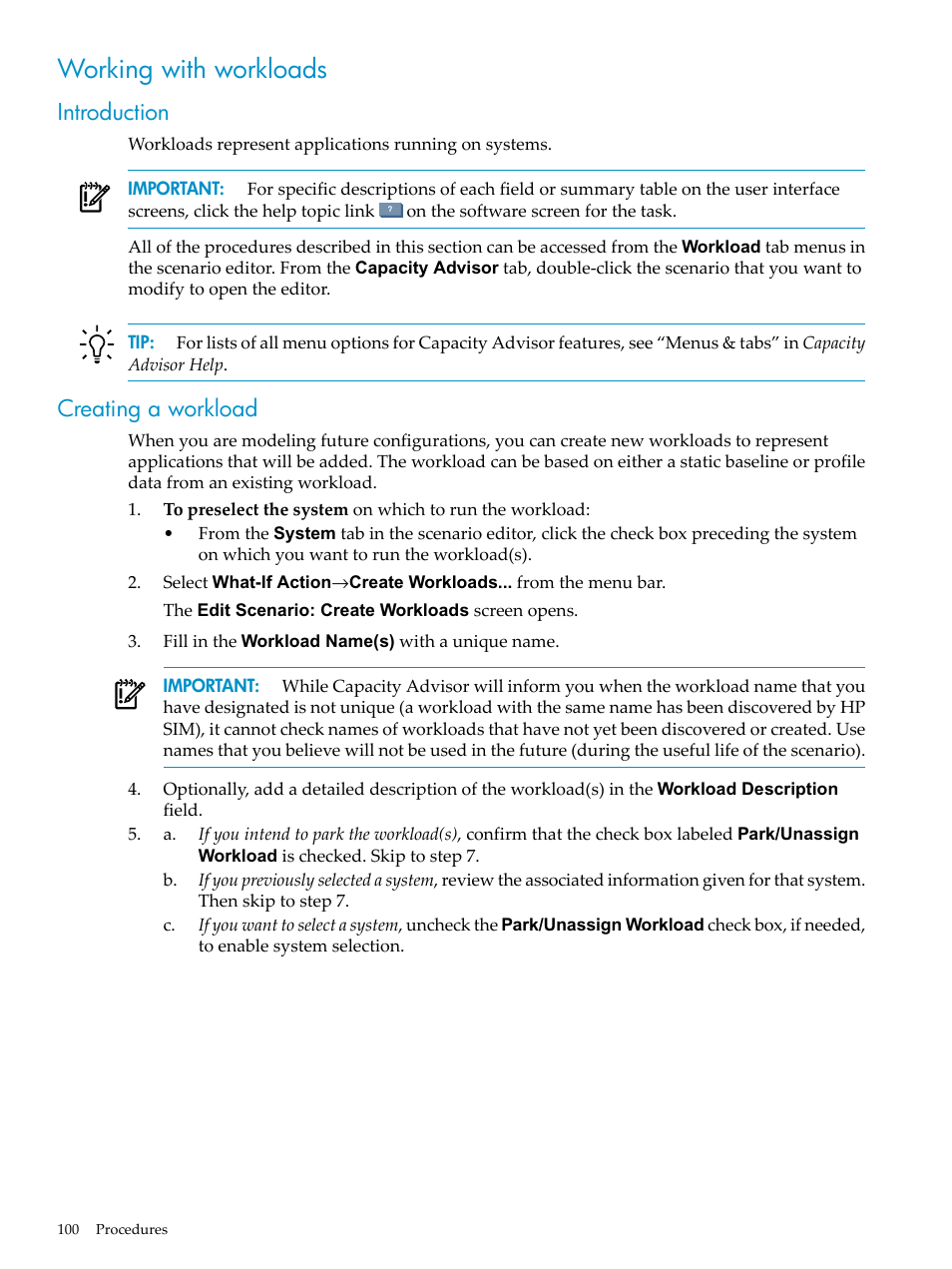 Working with workloads, Introduction, Creating a workload | Introduction creating a workload | HP Matrix Operating Environment Software User Manual | Page 100 / 198