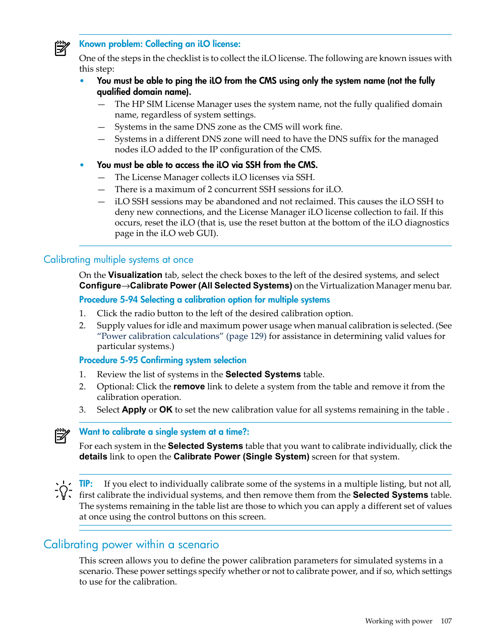 Calibrating multiple systems at once, Calibrating power within a scenario | HP Matrix Operating Environment Software User Manual | Page 107 / 198