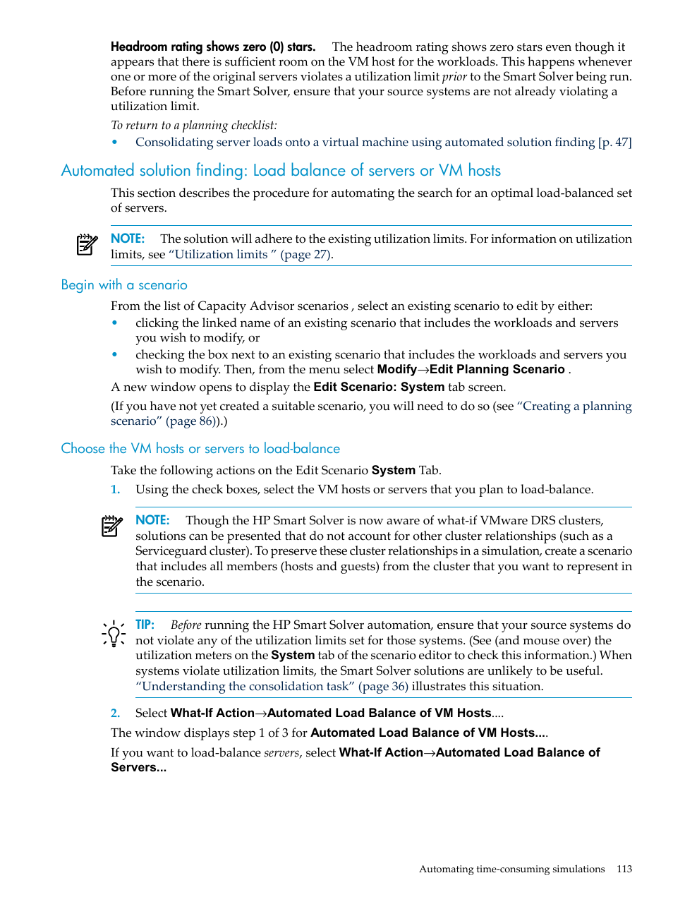 Begin with a scenario, Choose the vm hosts or servers to load-balance | HP Matrix Operating Environment Software User Manual | Page 113 / 198