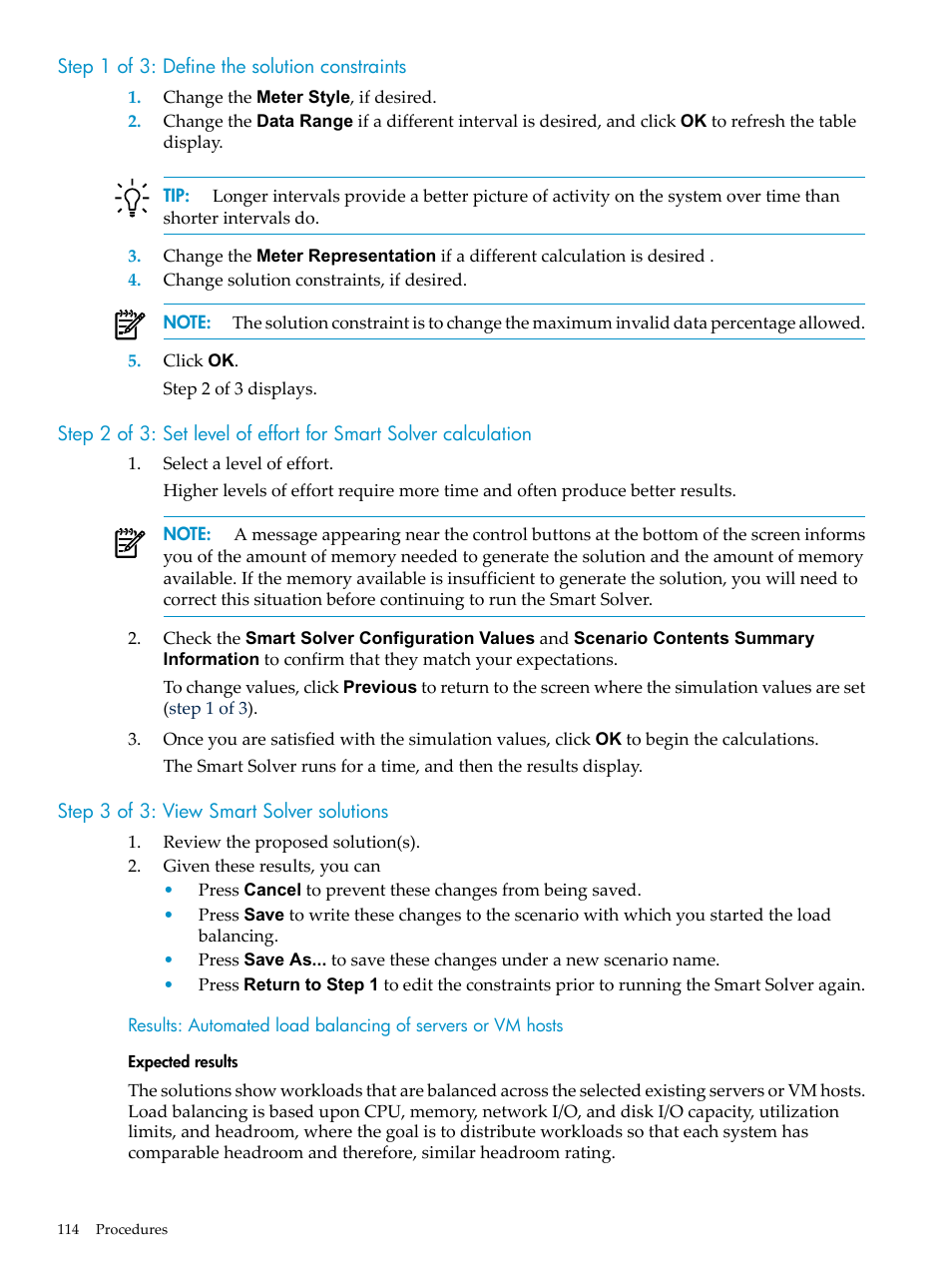 Step 1 of 3: define the solution constraints, Step 3 of 3: view smart solver solutions, Expected results | HP Matrix Operating Environment Software User Manual | Page 114 / 198