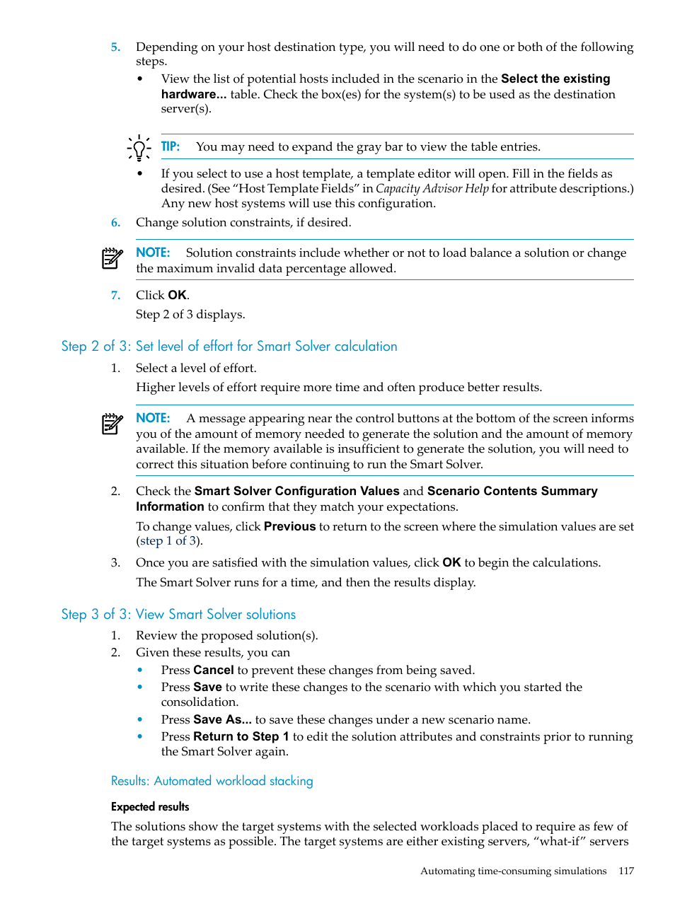 Step 3 of 3: view smart solver solutions, Results: automated workload stacking, Expected results | HP Matrix Operating Environment Software User Manual | Page 117 / 198