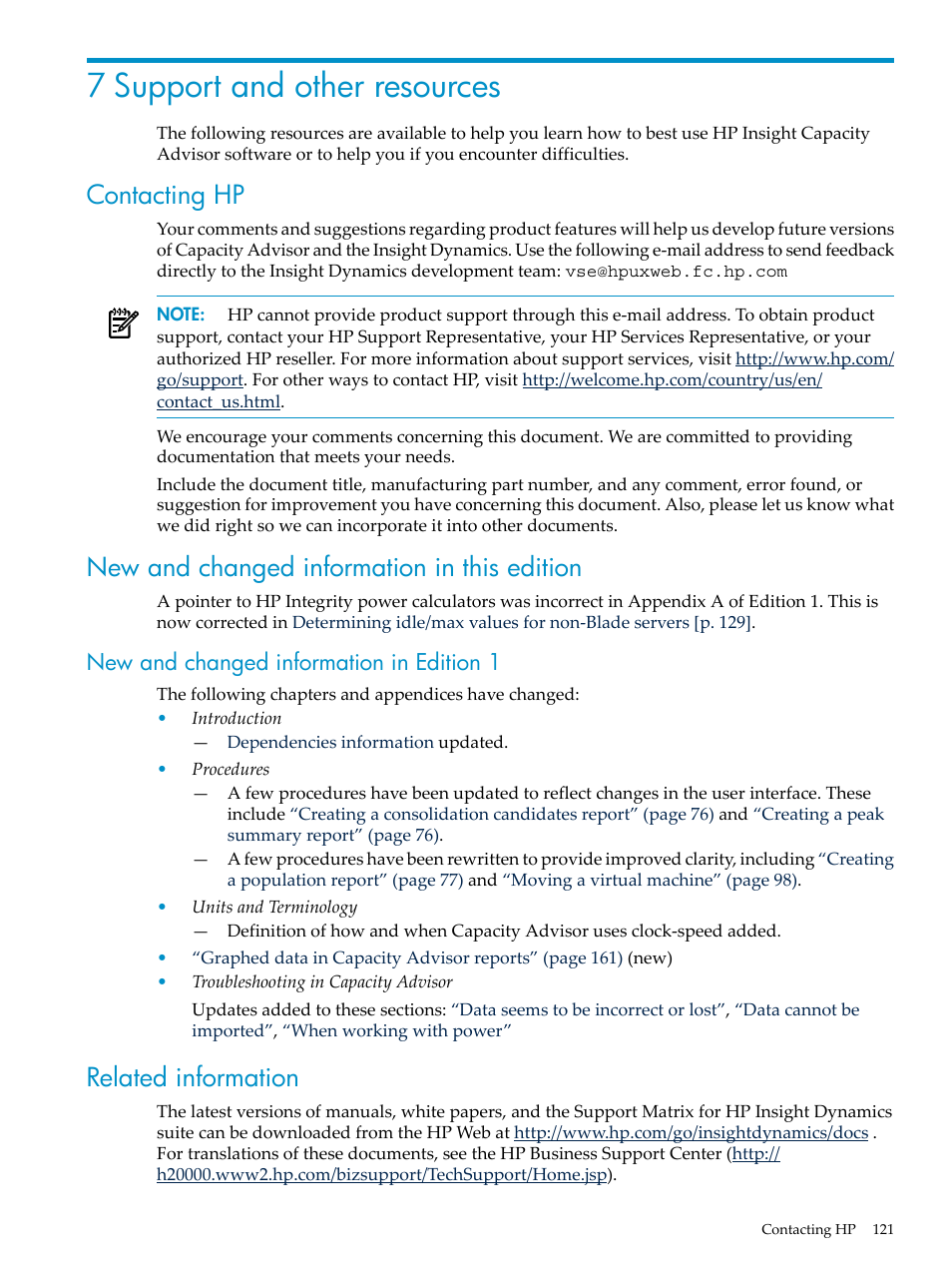 7 support and other resources, Contacting hp, New and changed information in this edition | New and changed information in edition 1, Related information | HP Matrix Operating Environment Software User Manual | Page 121 / 198