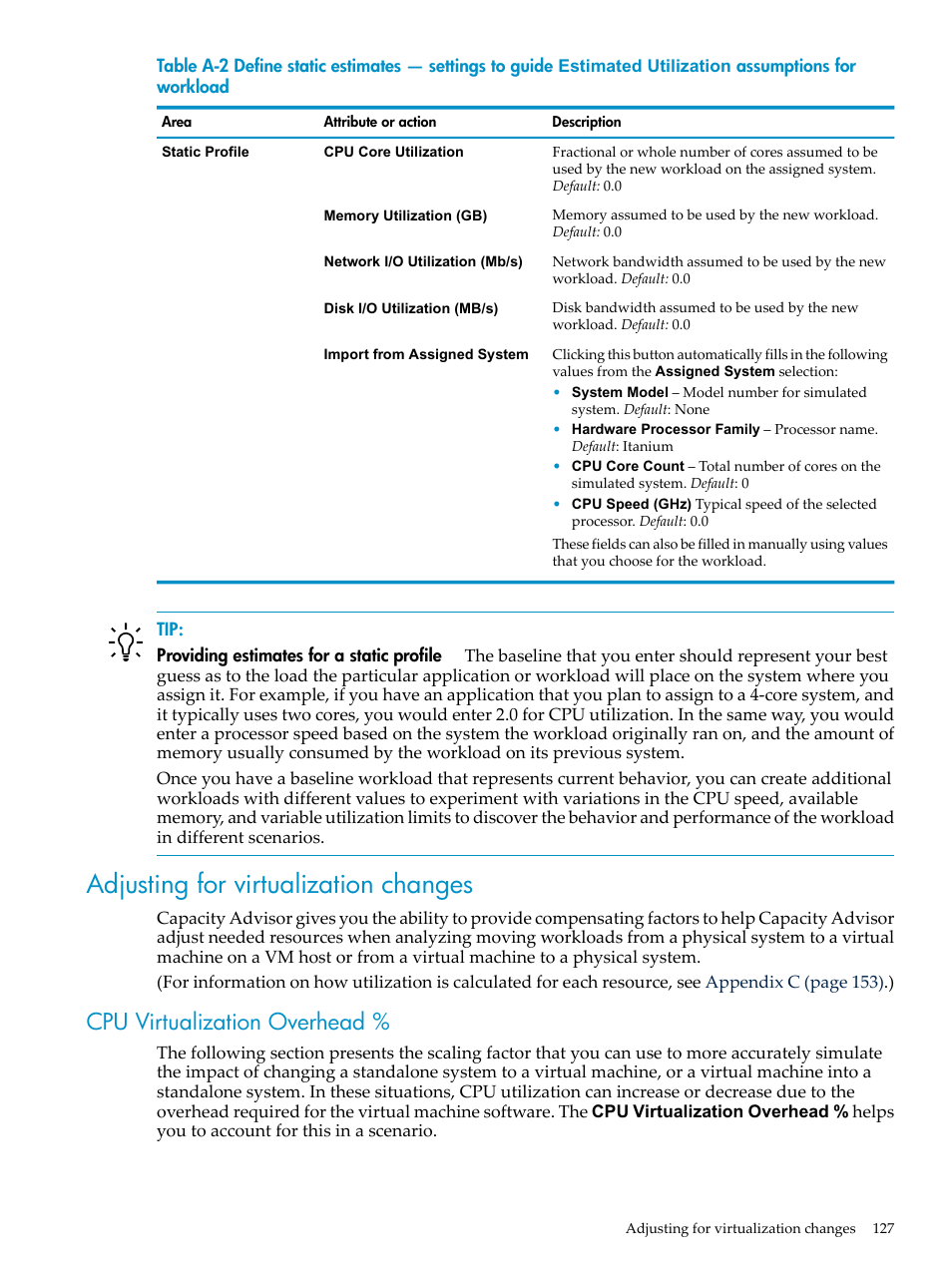 Adjusting for virtualization changes, Cpu virtualization overhead, Adjusting for | HP Matrix Operating Environment Software User Manual | Page 127 / 198