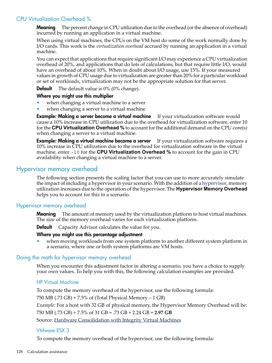 Cpu virtualization overhead, Hypervisor memory overhead, Doing the math for hypervisor memory overhead | Hp virtual machine, Vmware esx 3, Hp virtual machine vmware esx 3 | HP Matrix Operating Environment Software User Manual | Page 128 / 198