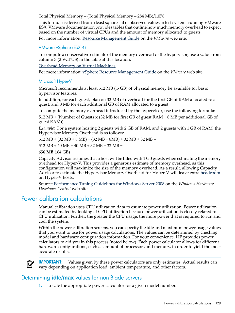 Vmware vsphere (esx 4), Microsoft hyper-v, Power calibration calculations | Determining idle/max values for non-blade servers, Vmware vsphere (esx 4) microsoft hyper-v | HP Matrix Operating Environment Software User Manual | Page 129 / 198