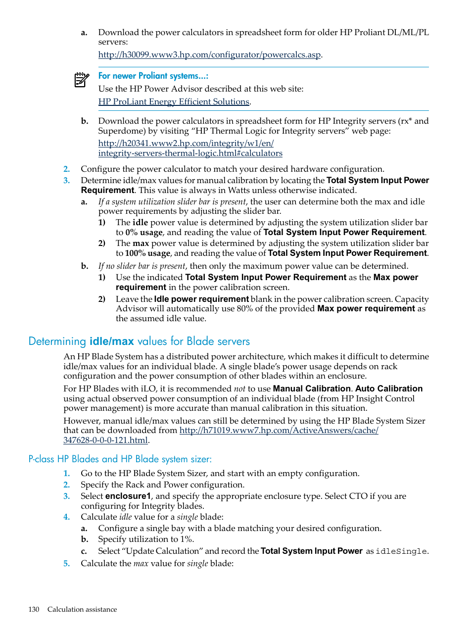 Determining idle/max values for blade servers, P-class hp blades and hp blade system sizer | HP Matrix Operating Environment Software User Manual | Page 130 / 198