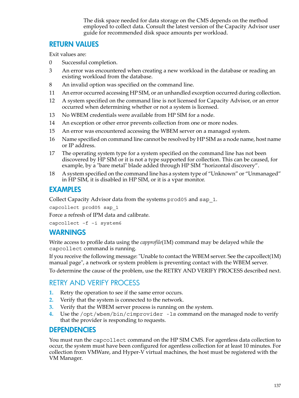 Return values, Examples, Warnings | Retry and verify process, Dependencies | HP Matrix Operating Environment Software User Manual | Page 137 / 198