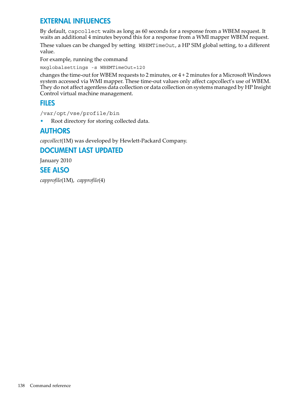 External influences, Files, Authors | Document last updated, See also | HP Matrix Operating Environment Software User Manual | Page 138 / 198