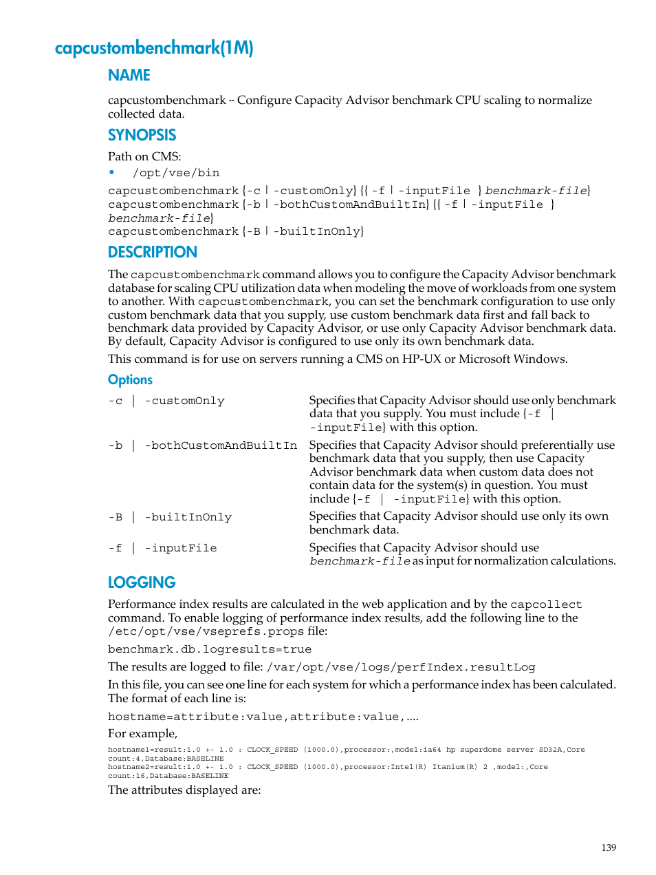 Capcustombenchmark(1m), Name, Synopsis | Description, Logging | HP Matrix Operating Environment Software User Manual | Page 139 / 198