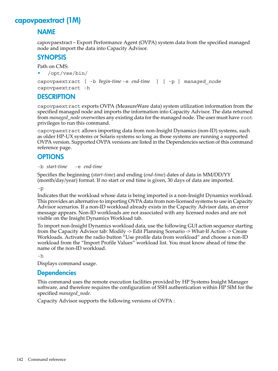Capovpaextract (1m), Capovpaextract(1m), Name | Synopsis, Description, Options, Dependencies | HP Matrix Operating Environment Software User Manual | Page 142 / 198