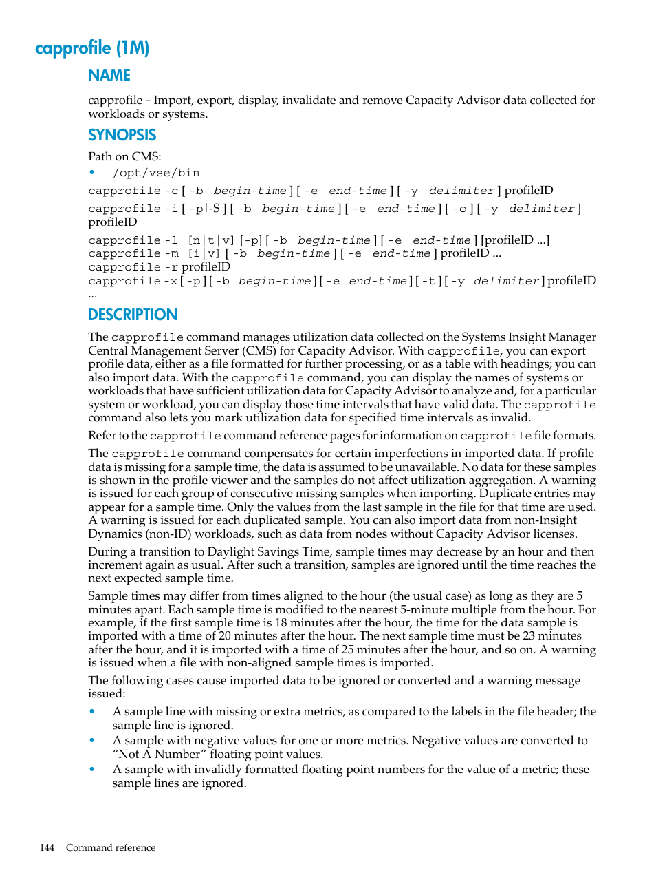 Capprofile (1m), Capprofile(1m), Name | Synopsis, Description | HP Matrix Operating Environment Software User Manual | Page 144 / 198