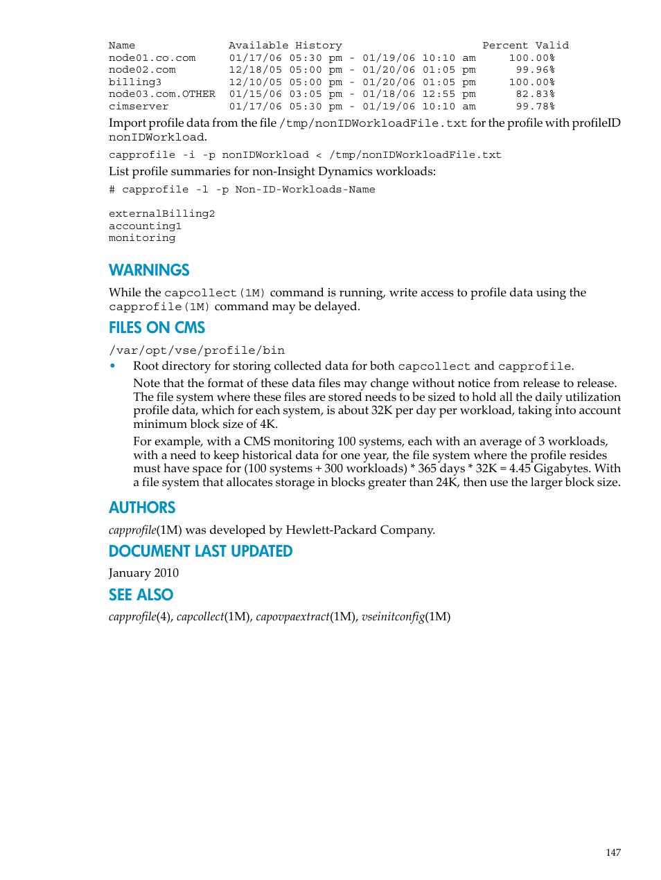 Warnings, Files on cms, Authors | Document last updated, See also | HP Matrix Operating Environment Software User Manual | Page 147 / 198