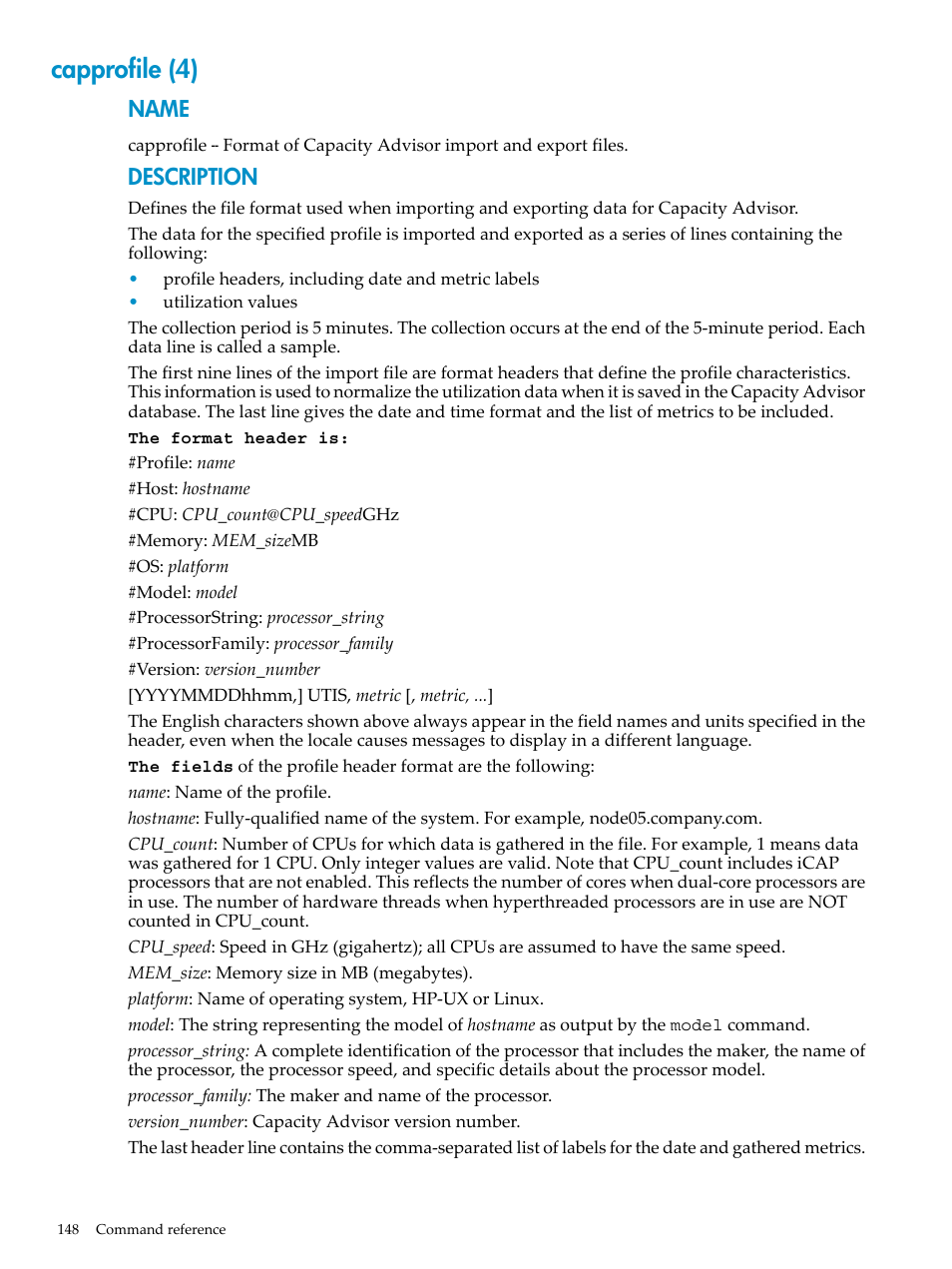 Capprofile (4), Capprofile(4), Name | Description | HP Matrix Operating Environment Software User Manual | Page 148 / 198