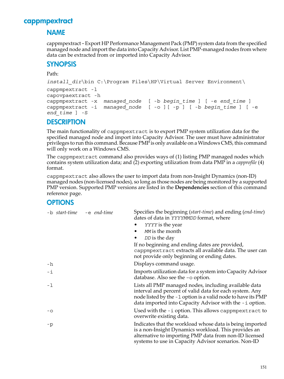 Cappmpextract, Cappmpextract(1m), Name | Synopsis, Description, Options | HP Matrix Operating Environment Software User Manual | Page 151 / 198