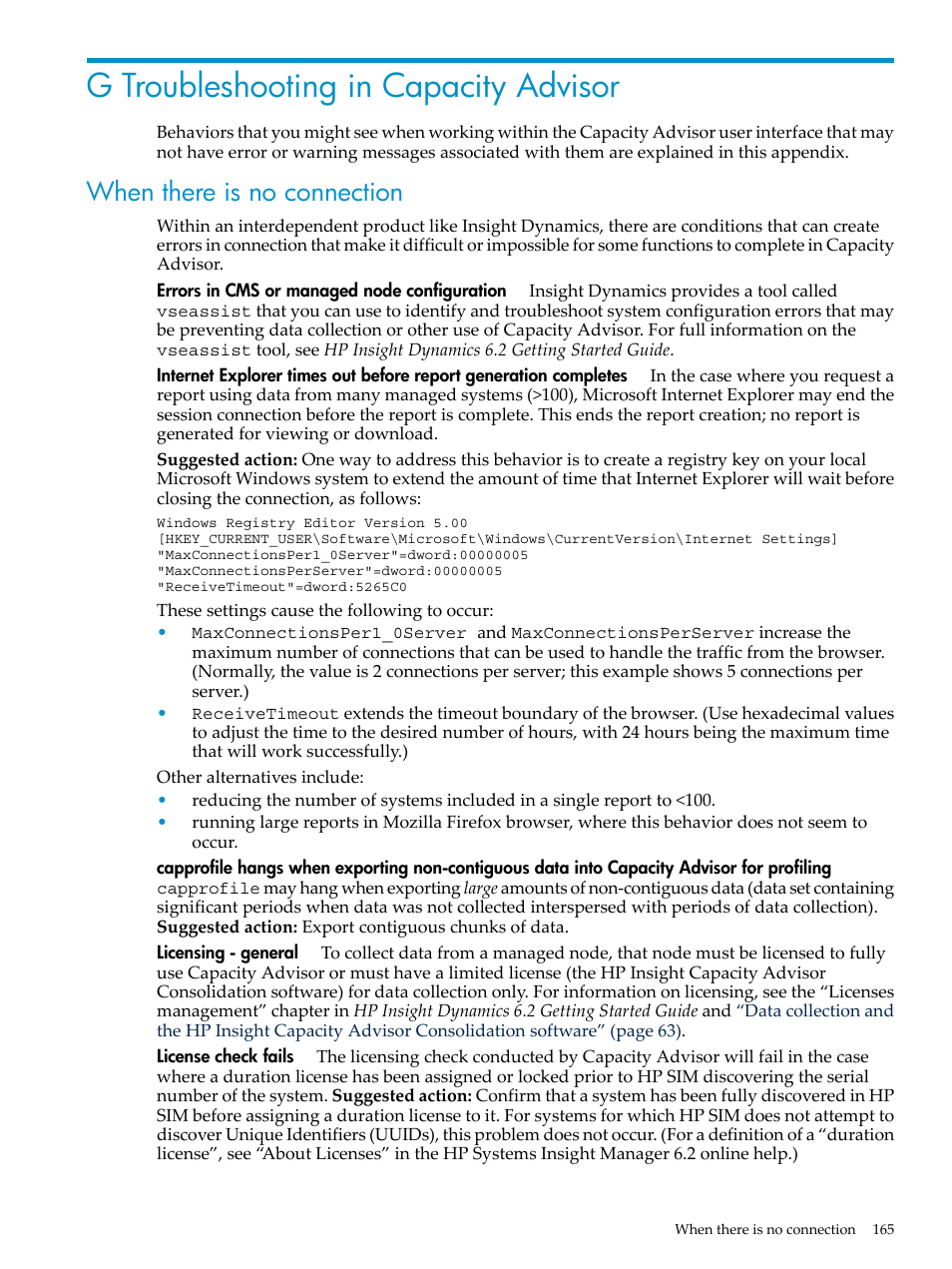 G troubleshooting in capacity advisor, When there is no connection | HP Matrix Operating Environment Software User Manual | Page 165 / 198