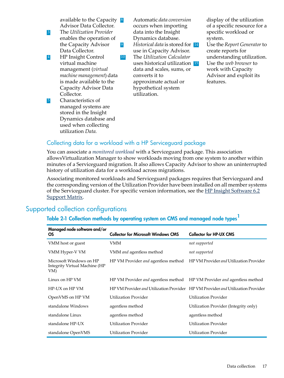 Supported collection configurations, Supported collection | HP Matrix Operating Environment Software User Manual | Page 17 / 198