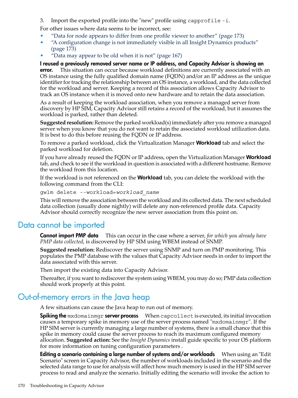 Data cannot be imported, Out-of-memory errors in the java heap, Data cannot be | Imported | HP Matrix Operating Environment Software User Manual | Page 170 / 198