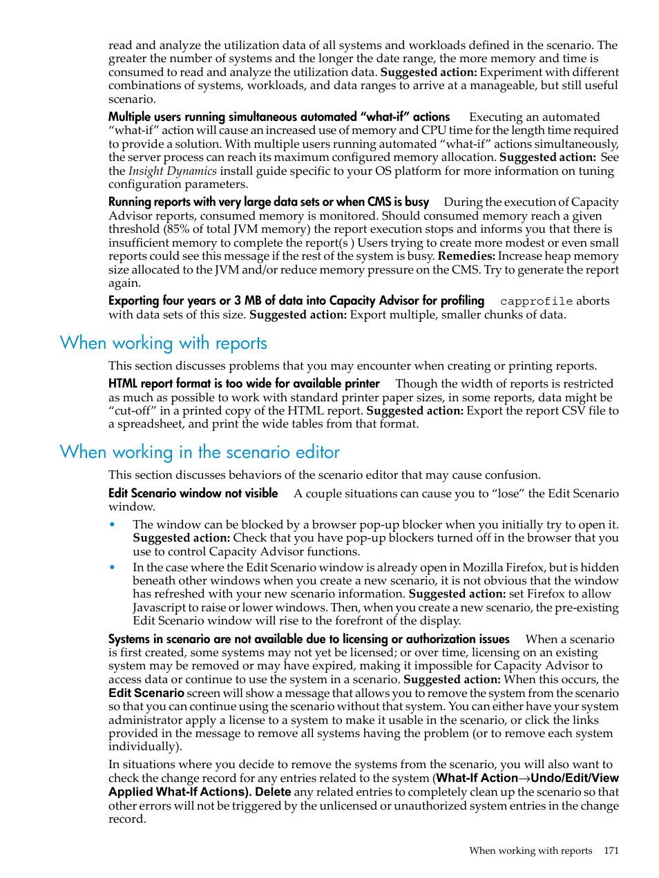 When working with reports, When working in the scenario editor | HP Matrix Operating Environment Software User Manual | Page 171 / 198