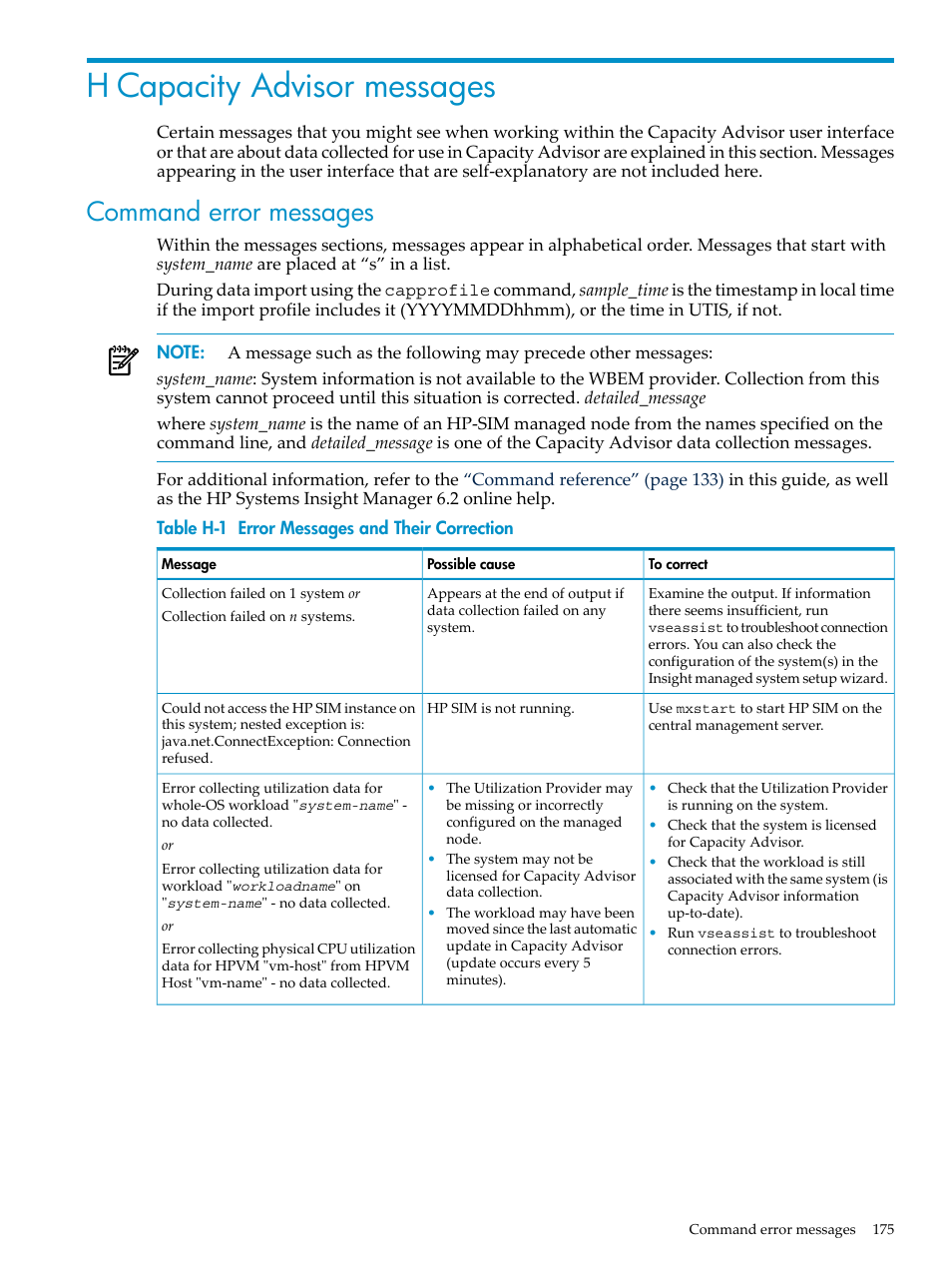 H capacity advisor messages, Command error messages | HP Matrix Operating Environment Software User Manual | Page 175 / 198