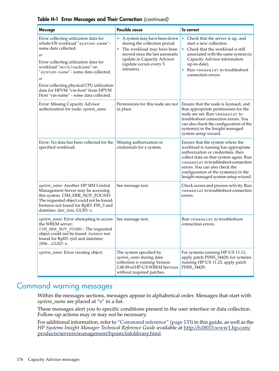 Command warning messages | HP Matrix Operating Environment Software User Manual | Page 176 / 198