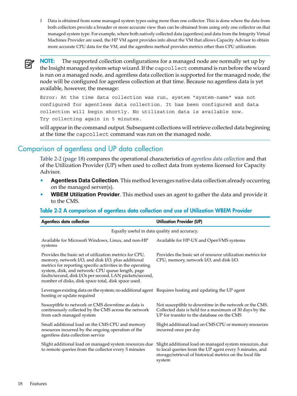 Comparison of agentless and up data collection | HP Matrix Operating Environment Software User Manual | Page 18 / 198