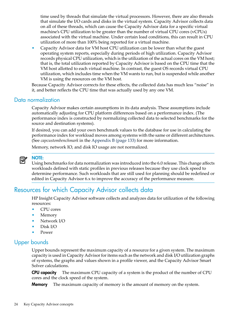 Data normalization, Resources for which capacity advisor collects data, Upper bounds | HP Matrix Operating Environment Software User Manual | Page 24 / 198